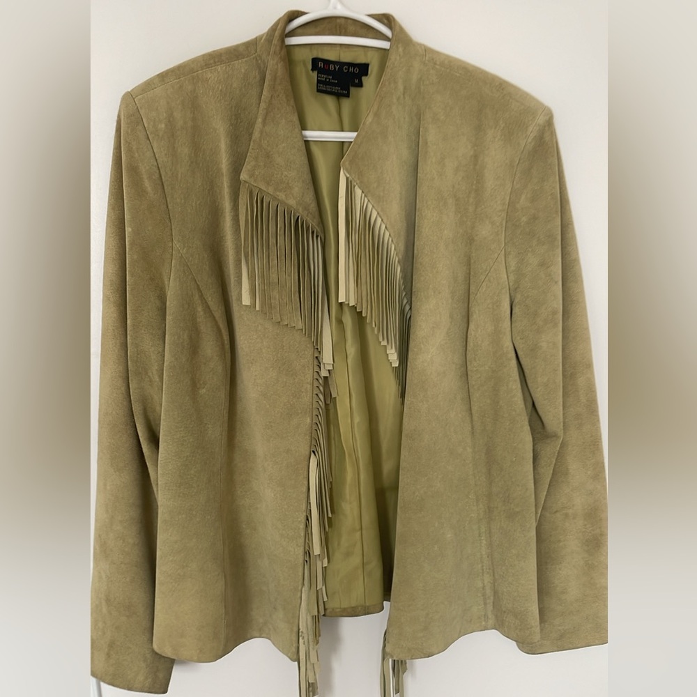 Women's Olive Green Fringe Suede Jacket